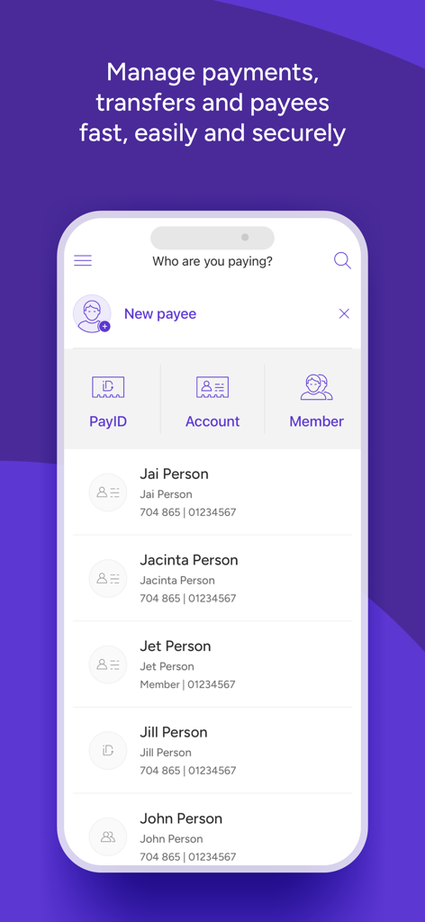 Qudos Bank - Interface of the Qudos Bank app showing a list of payees and options to pay via PayID, account, or member.