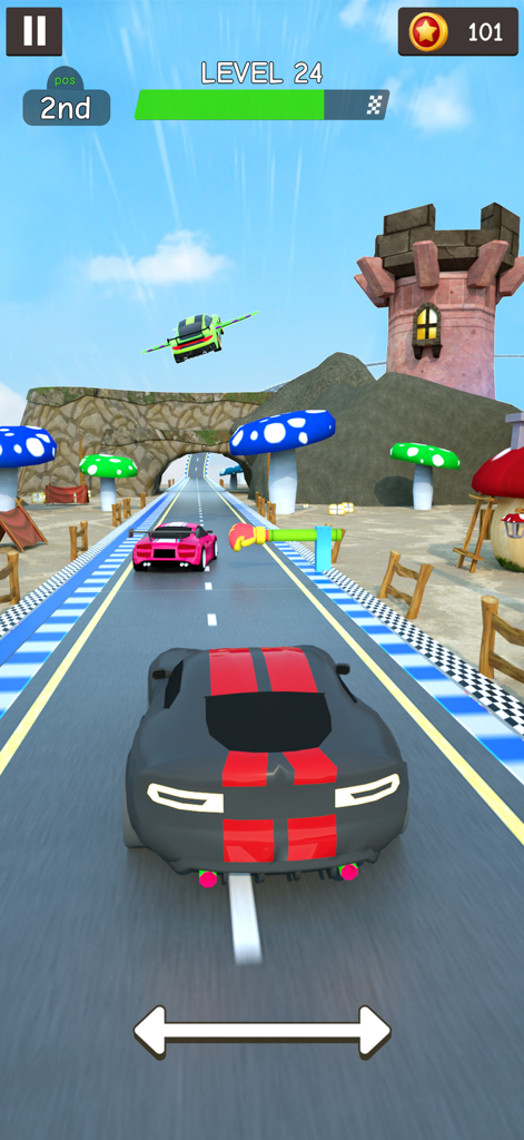 Mega Ramp Car: Stunt Car - A sports car racing on a futuristic sky track with flying cars and giant mushroom obstacles in Mega Ramp Car