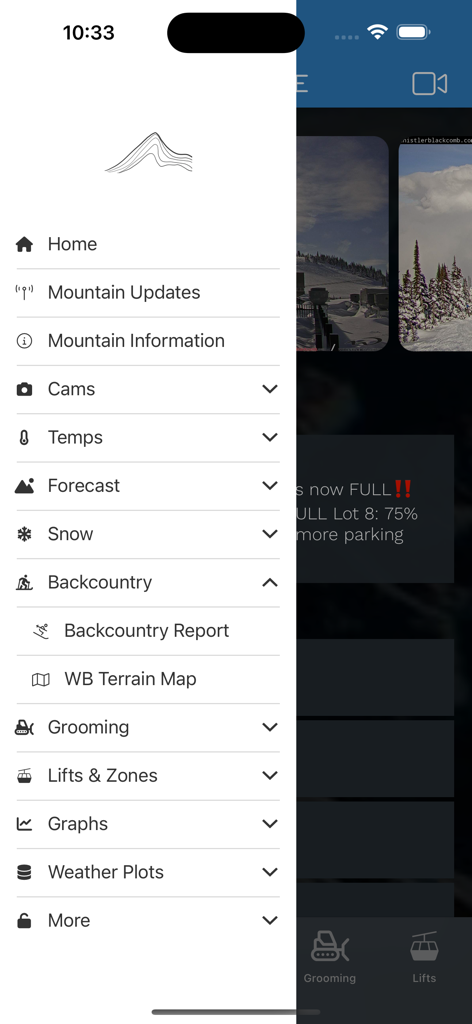 Whistler Peak Live - Side navigation menu of the Whistler Peak Live app showing snow reports cams and mountain updates
