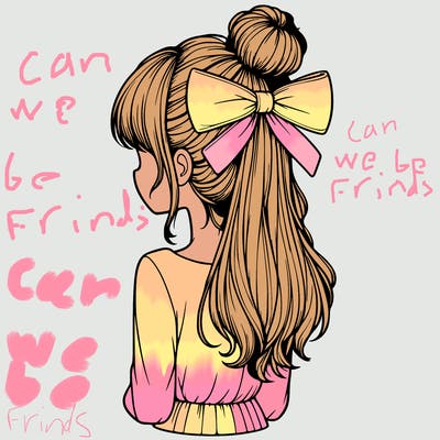 realistic girl  with hip length hair a bun and a big bow on the back of head