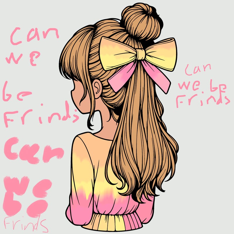 realistic girl  with hip length hair a bun and a big bow on the back of head