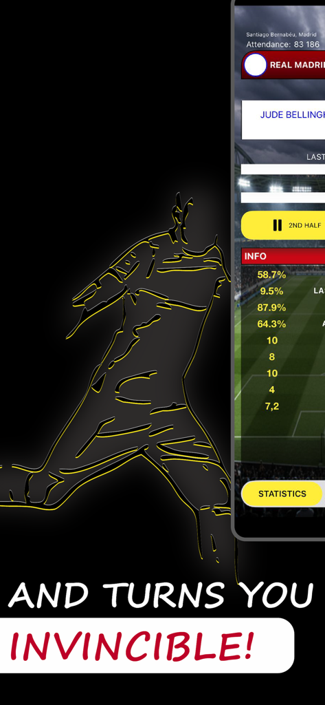 Be the Manager 2026: Soccer - Pantalla de juego móvil de Be the Manager 2026 mostrando estadísticas de partido de fútbol y datos de rendimiento de jugadores.