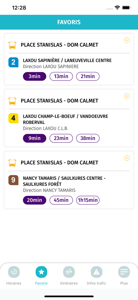 STAN - Favorites screen of the STAN transit app showing real-time bus arrival times for saved routes in Nancy