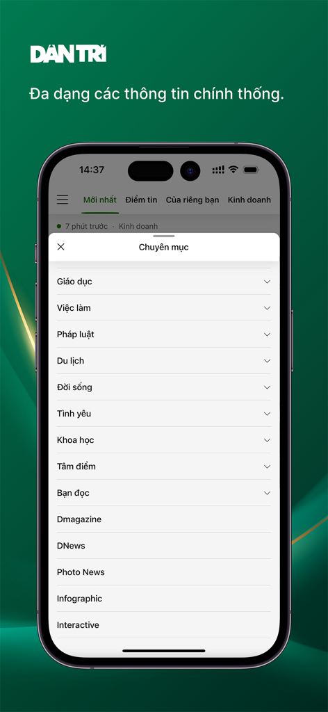 Mobile screen showing various news categories in the Báo Dân trí app