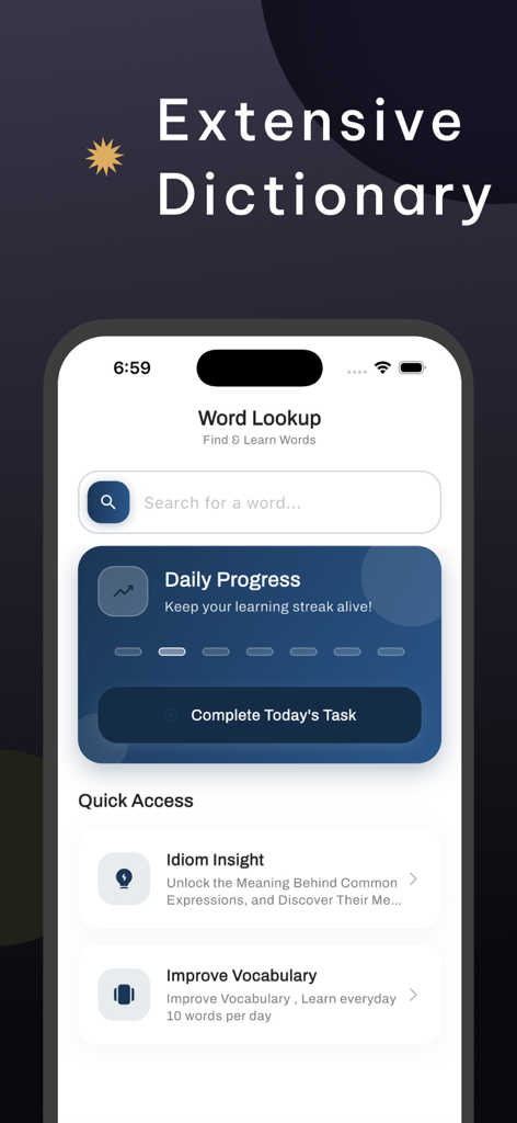 English Tagalog Translator - Interface of the English Tagalog Translator app featuring word lookup and daily progress tracking