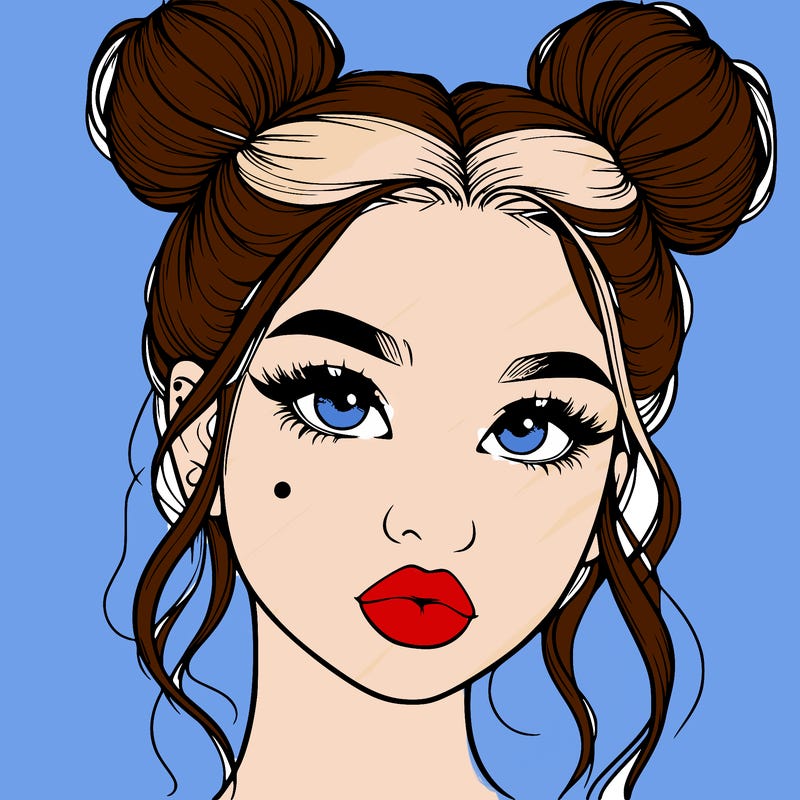 realistic girl with two buns on her hair and lips