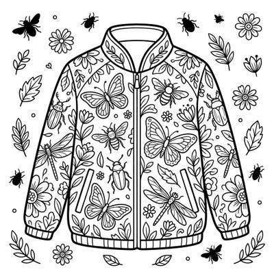 Dive into a world of tiny wonders with this intricate coloring page featuring a stylish jacket adorned with beautiful insects. Bring butterflies, bees, and beetles to life with your favorite colors.