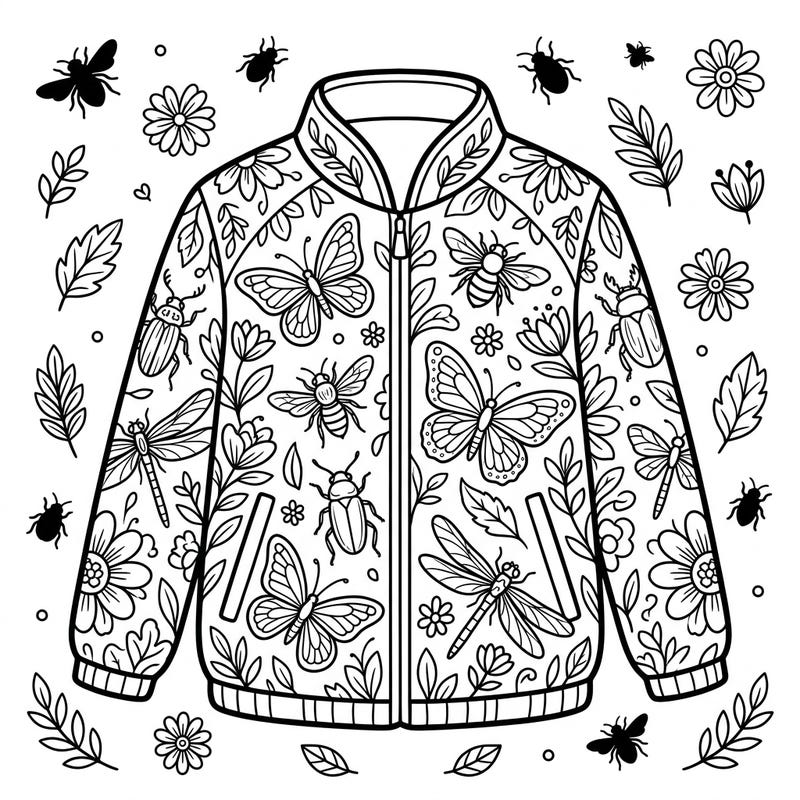 Dive into a world of tiny wonders with this intricate coloring page featuring a stylish jacket adorned with beautiful insects. Bring butterflies, bees, and beetles to life with your favorite colors.