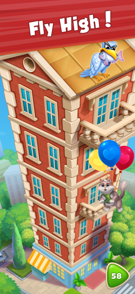 City Kitty Match - Winston the cat floats up a tall city building using colorful balloons to reach Shadow the seagull who has a stolen fish on the roof.