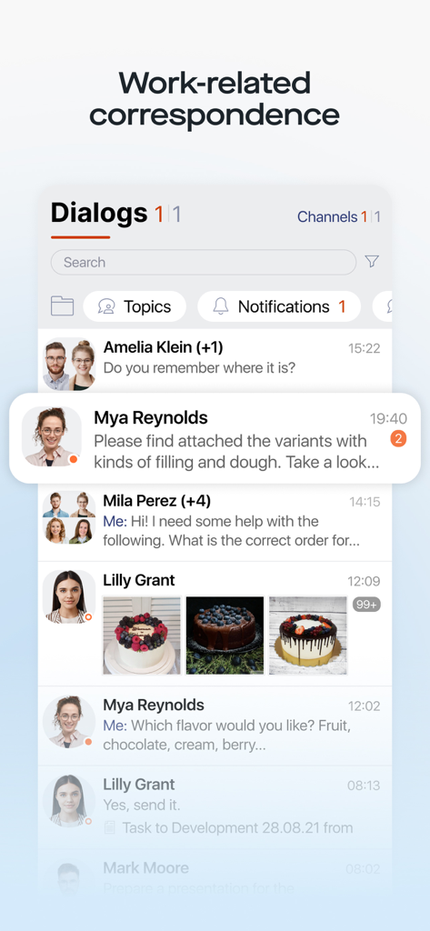 Saby - Saby app interface showing work-related correspondence with a list of employee dialogs and chat messages.