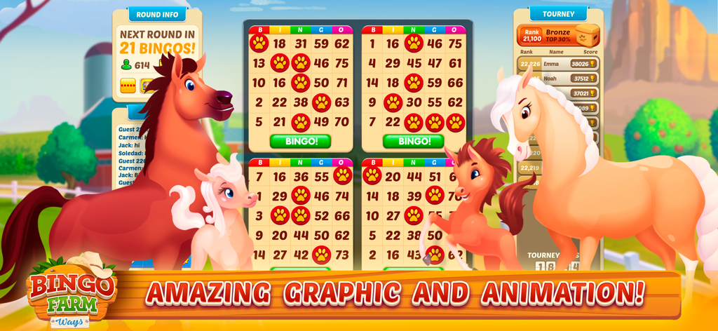 Bingo Farm Ways - Bingo Games - Four bingo cards and cartoon horses in the Bingo Farm Ways mobile game