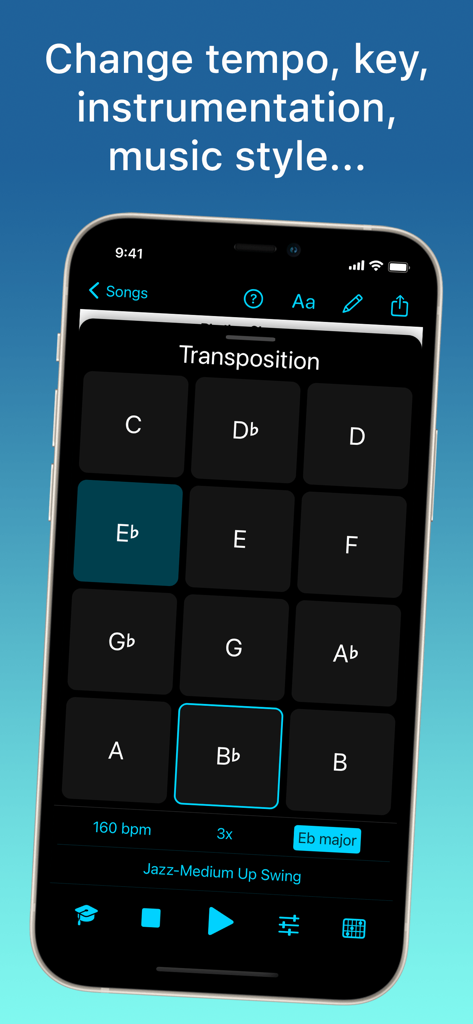 iReal Pro - iReal Pro app interface showing the transposition menu to change musical keys and practice settings