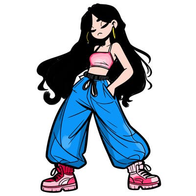 girl in baggy pants crop top and long hair
