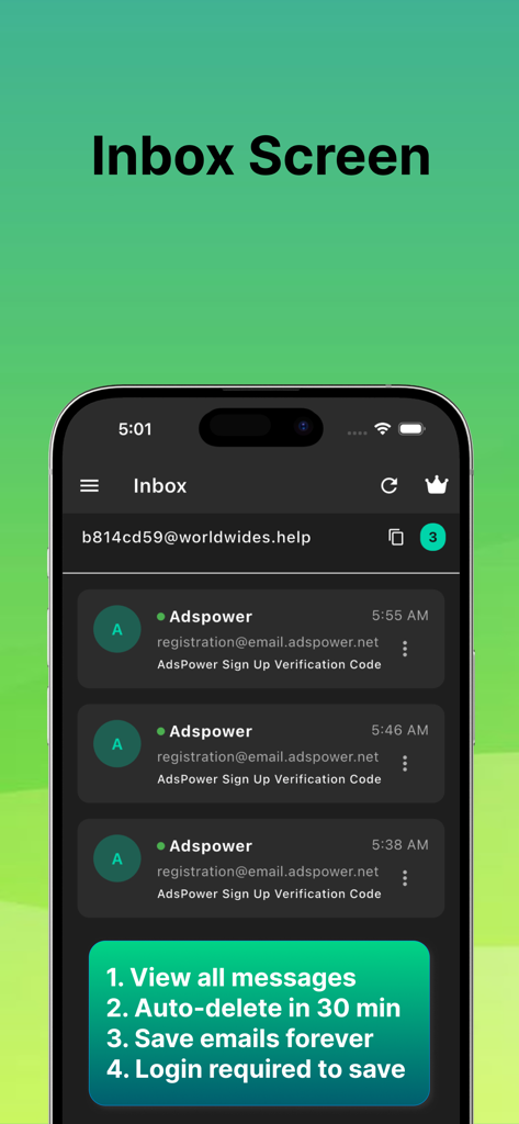 Interface of Temp Mail Pro inbox displaying temporary email address and received verification messages with auto-delete features.