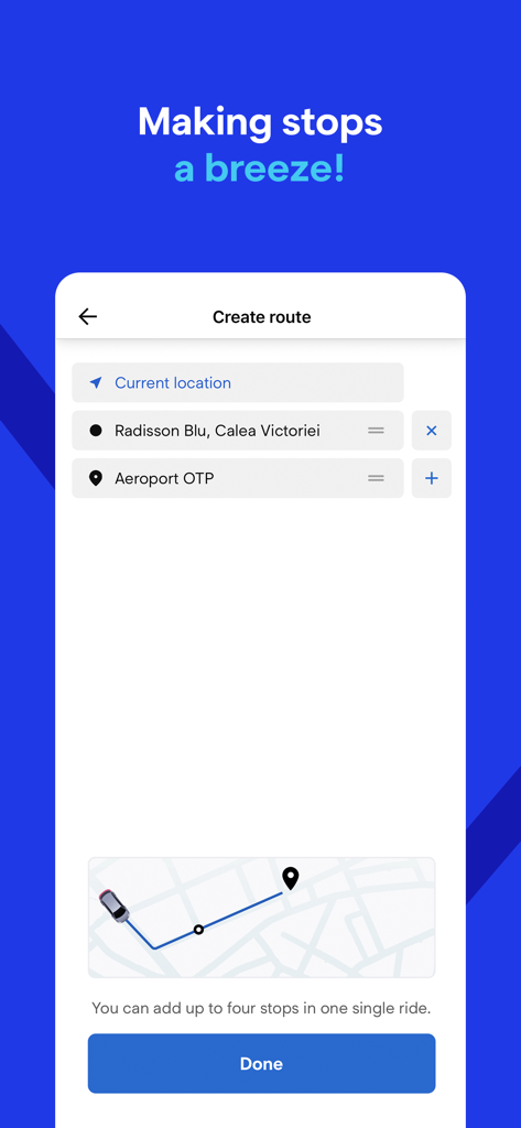 Blue Rumänien App-Bildschirm für die Erstellung einer Route mit mehreren Stopps, einschließlich Flughafentransport