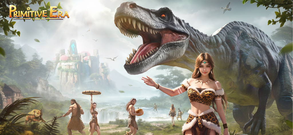 Primitive Era:10000 BC - Miembros de una tribu prehistórica y un dinosaurio rugiendo en el juego Primitive Era