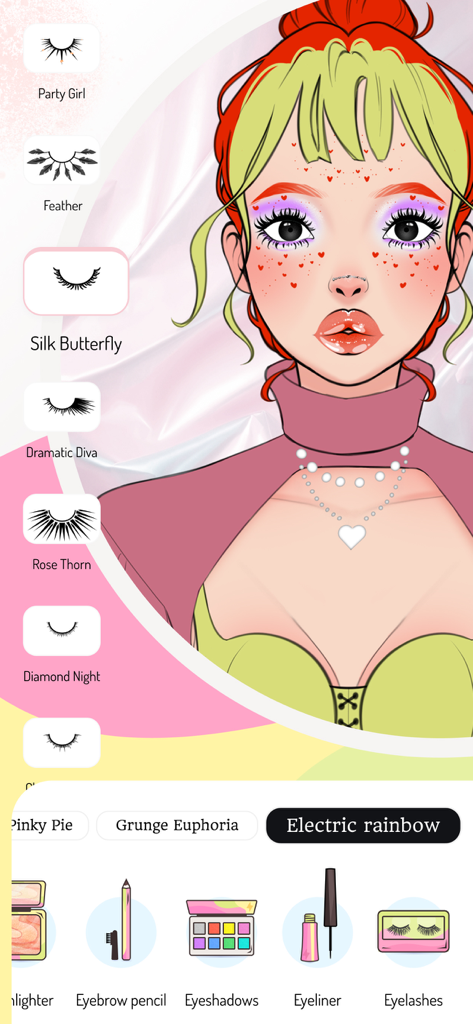 Makeup Studio: Pro Sketchbook - Selecting different eyelash styles for a digital makeup look in the Makeup Studio app interface