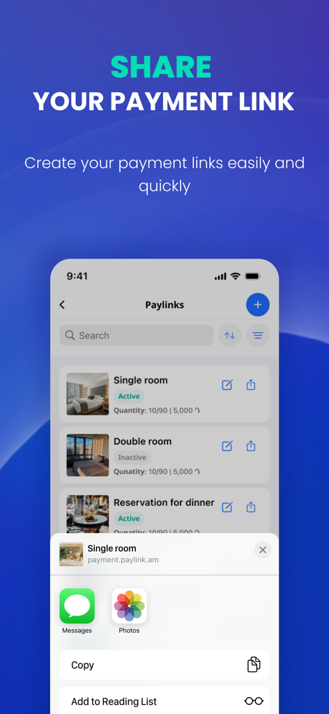 PayLink.am - PayLink mobile app interface showing how to share payment links for business services from an iPhone