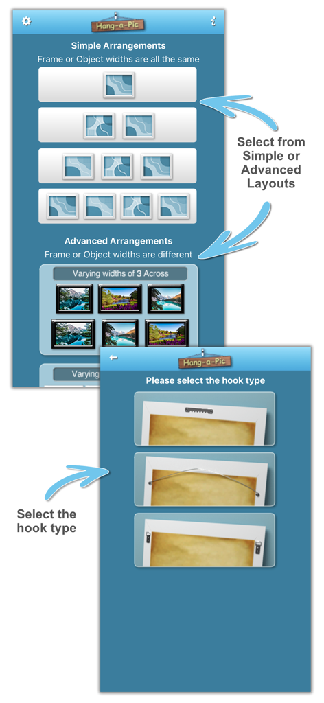 Hang-a-Pic - Capturas de pantalla de la aplicación Hang-a-Pic que muestran diseños para arreglos de cuadros simples y avanzados y opciones para seleccionar tipos de ganchos.