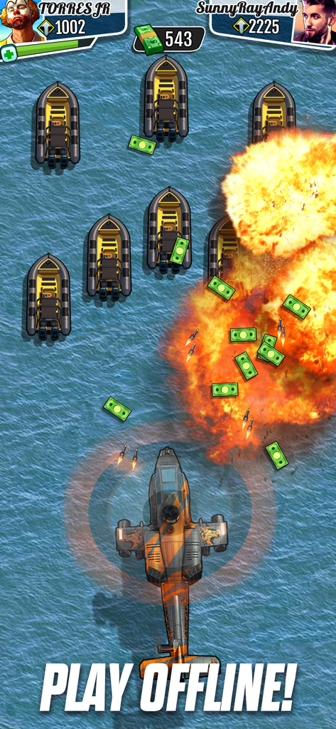 Uma vista aérea da jogabilidade de uma transformação em helicóptero atirando em barcos com explosões e recompensas em dinheiro na água