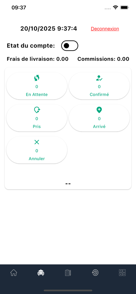 Interfaz del panel de control de pedidos del conductor de PRDelivery que muestra estadísticas de entrega y categorías de estado de pedidos como pendientes y confirmados