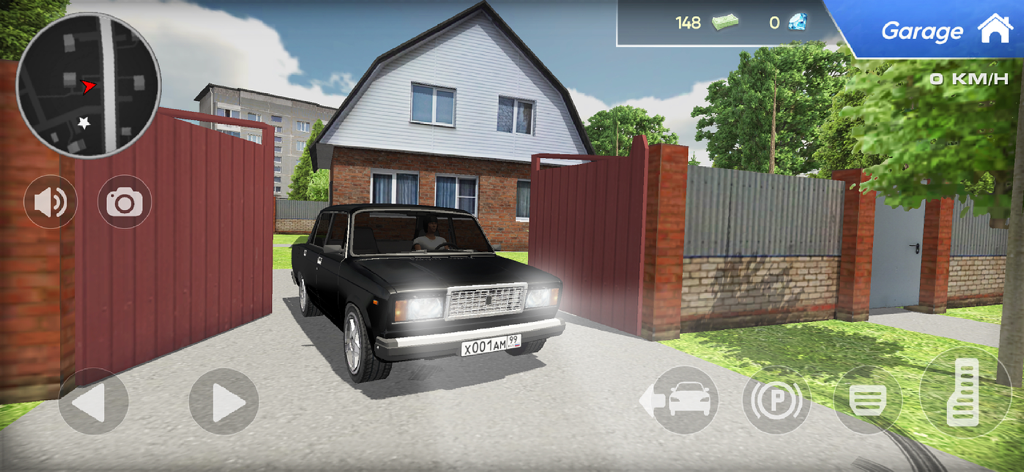 A black Lada 2107 car parked in front of a house with red gates in a driving simulator game.