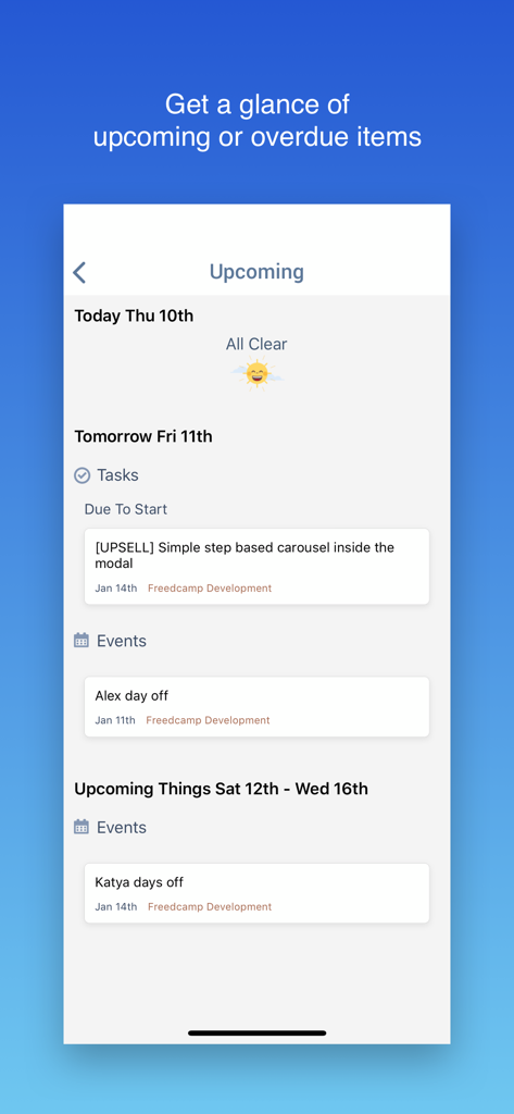Freedcamp - Visualizzazione dell'app mobile Freedcamp che mostra le attività imminenti e gli eventi del progetto.