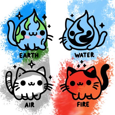 4 cats that represent the different elements, earth, water, air, and fire