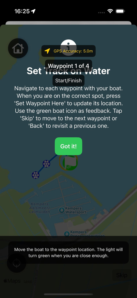 Watersport Race Tracker - Mobile app screen showing the setup of a custom racing course with GPS waypoints on a map for water sports