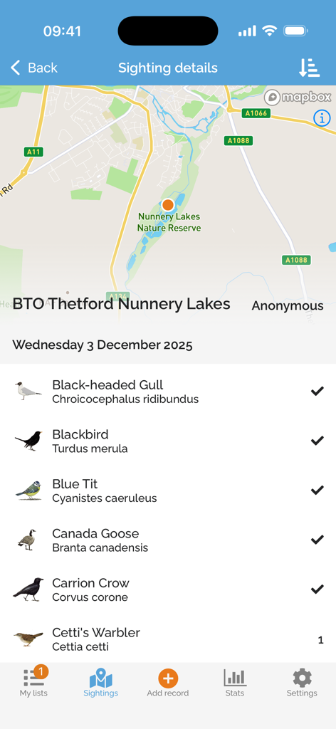 BirdTrack - BirdTrack app sighting details screen showing a list of recorded bird species and a map of the observation location.