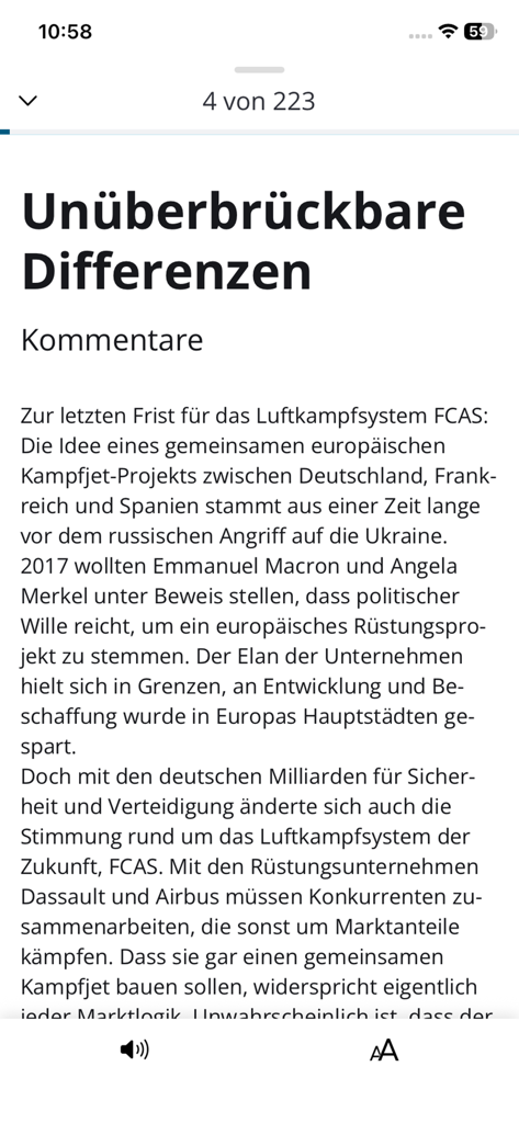 DK ePaper - Donaukurier - Artikel-Lesemodus in der Donaukurier-App mit Vorlesefunktion und Optionen zur Anpassung der Textgröße