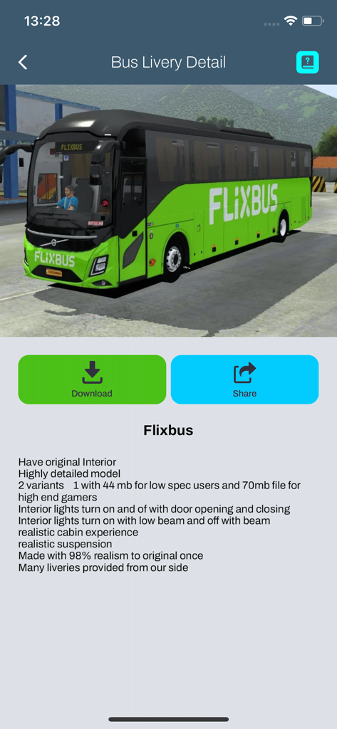 Mods for Bussid - Flixbus livery detail page in the Mods for Bussid app showing skin preview and download options