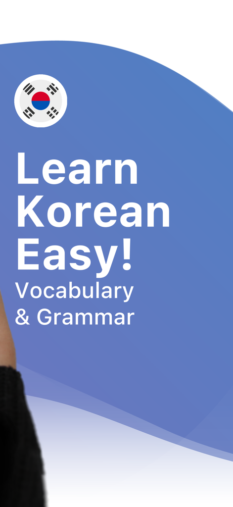 Banner promocional para la aplicación Aprende coreano con LENGO destacando lecciones de vocabulario y gramática con un icono de la bandera de Corea del Sur.