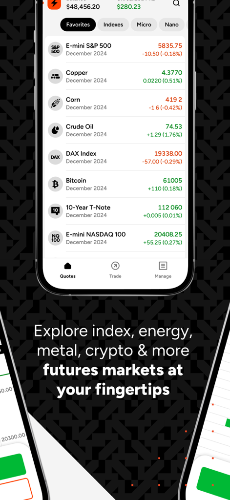 NinjaTrader | Trade Futures - Écran de l'application mobile NinjaTrader montrant une liste de cotations de contrats à terme en temps réel pour les indices, l'énergie, les métaux et la cryptomonnaie.