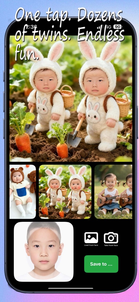 AI Twins Camera app interface showing a twin baby template in bunny costumes with AI face swap functionality