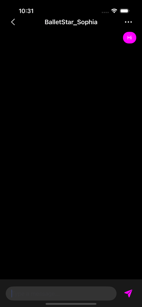 Voola - Pantalla de mensajería directa en la aplicación Voola mostrando un chat con una bailarina llamada BalletStar_Sophia.