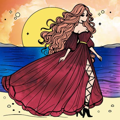 beautiful woman with a vaporous long dress walking on the beach at the noon, detailed art