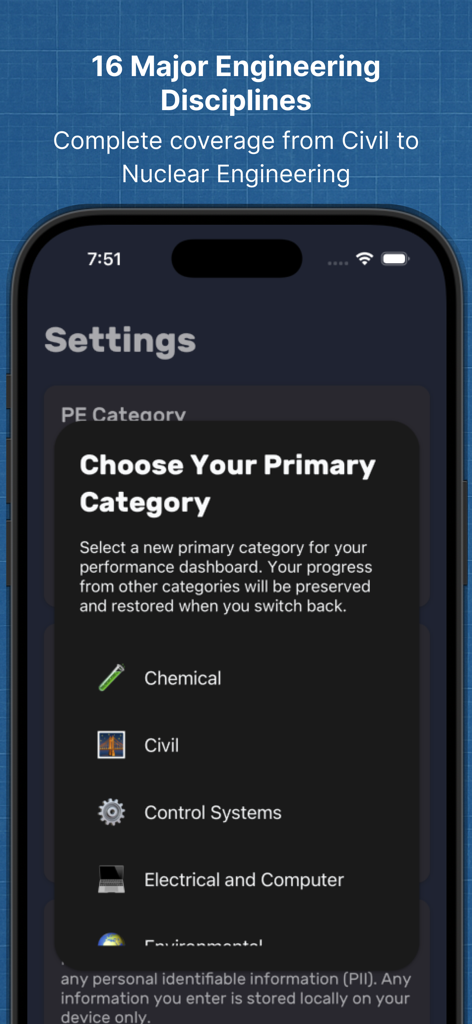 PE Prep Pro - Una interfaz móvil que muestra la selección de categorías de ingeniería como Química, Civil y Eléctrica para la aplicación de estudio del examen PE Prep Pro.