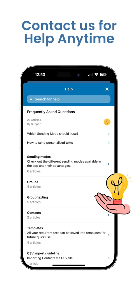 Tela de ajuda para o aplicativo Group Text mostrando artigos de FAQ e guias de modo de envio.