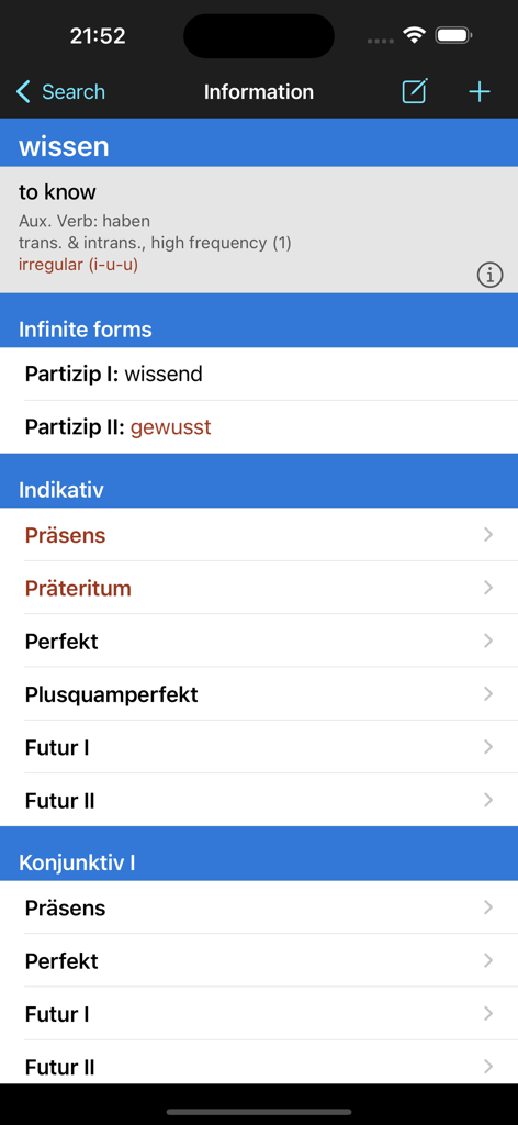 Detailed conjugation table for the German verb wissen in the VerbForms Deutsch mobile application