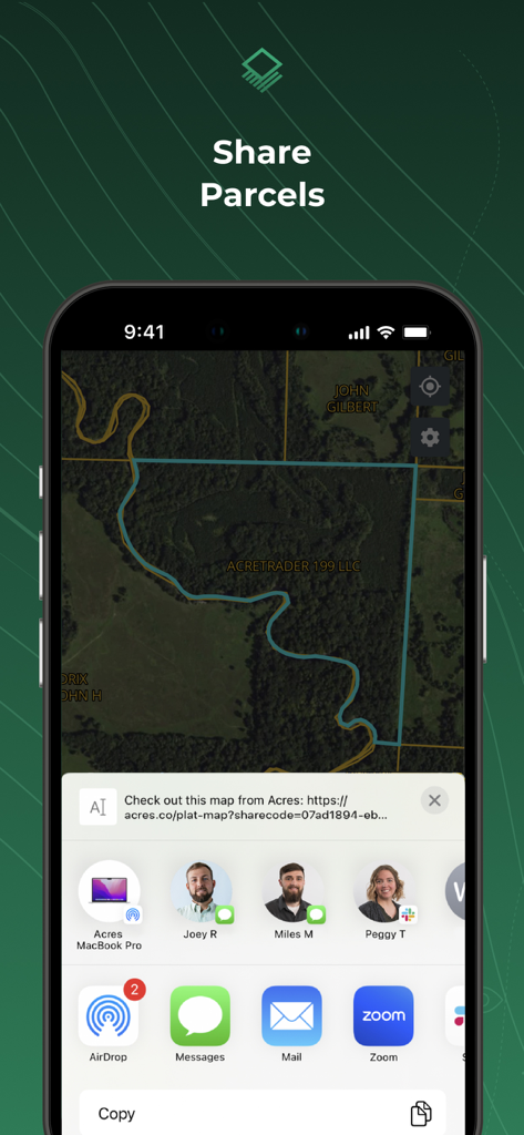 Écran d'iPhone montrant la fonction de partage de parcelles dans l'application Acres avec une carte foncière et des options de partage