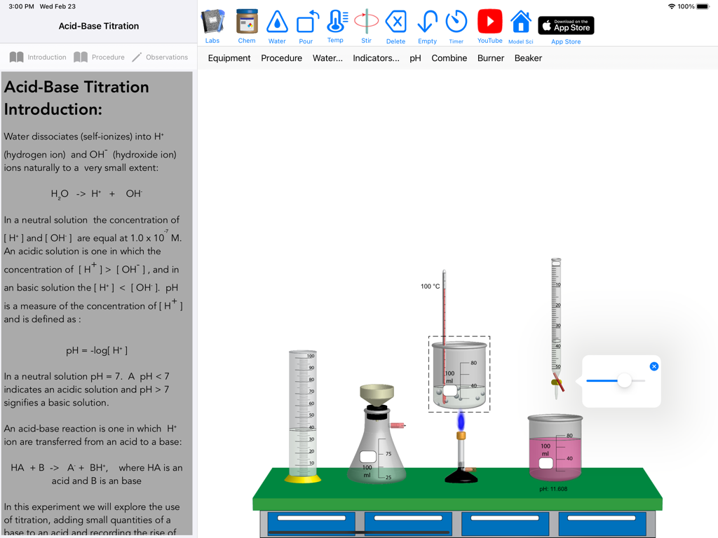 Model ChemLab Lite for iPad - Virtual chemistry simulation of an acid base titration experiment on an iPad