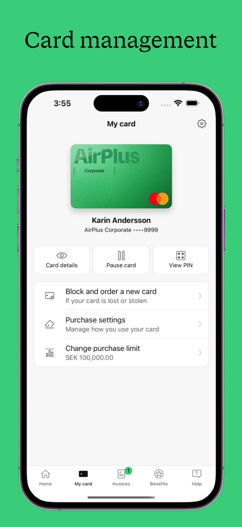 AirPlus Corporate 앱 카드 관리 화면에 카드 일시 중지, PIN 확인 및 구매 한도 변경 옵션 표시