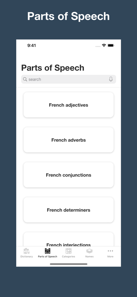 The parts of speech selection screen in the French Etymology and Origins app