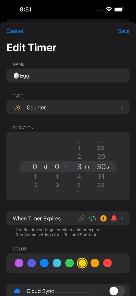 Just Timers - Interfaccia per la modifica di un timer con nome personalizzato, durata e impostazioni del colore.