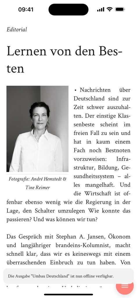 brand eins - Digital article view in the brand eins business magazine app with an offline access notification