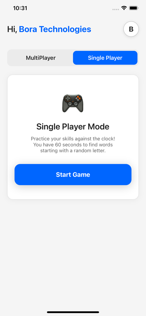 Name Place Animal Thing - Single player mode interface for the Name Place Animal Thing app featuring a start game button and 60 second timer instruction.