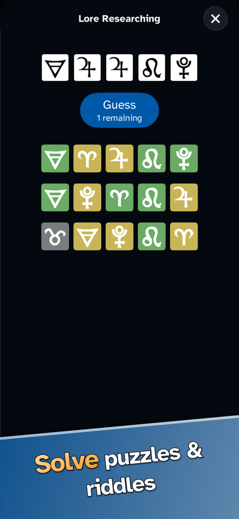 A gameplay screenshot showing a symbol-based logic puzzle titled Lore Researching in the Land of Livia app.