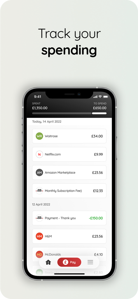118 118 Money - Smartphone screen showing the 118 118 Money app transaction history and spent versus to spend balances