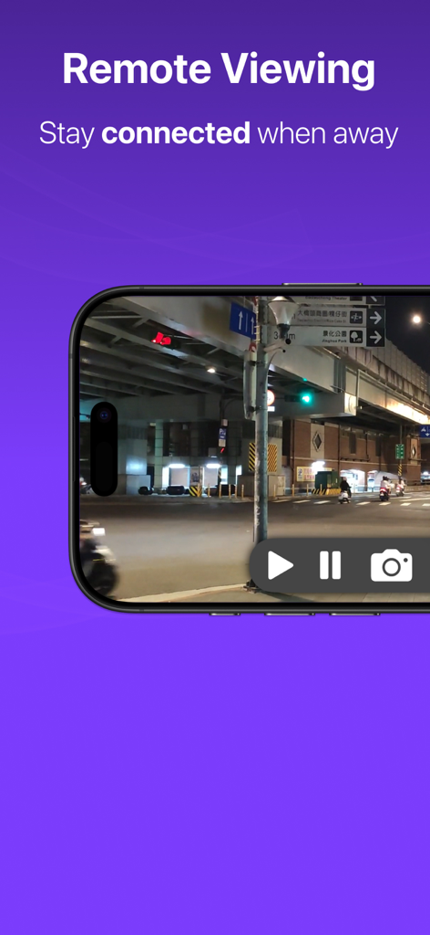 IP Camera Viewer - Cam Hero - iPhone screen showing a live night street feed via Cam Hero remote viewing feature